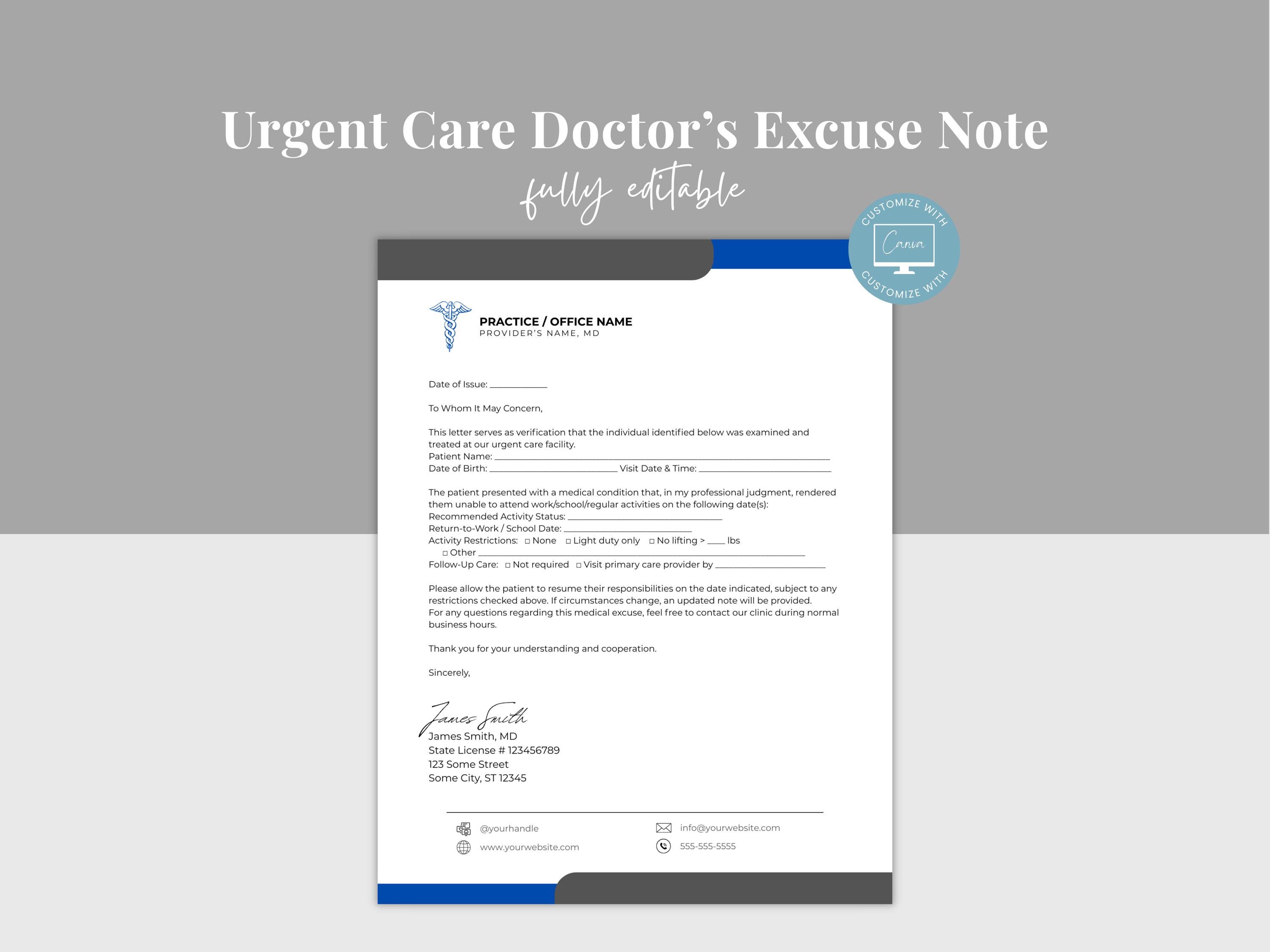 Urgent Care Doctor's Excuse Note Template, Editable Dr Note for