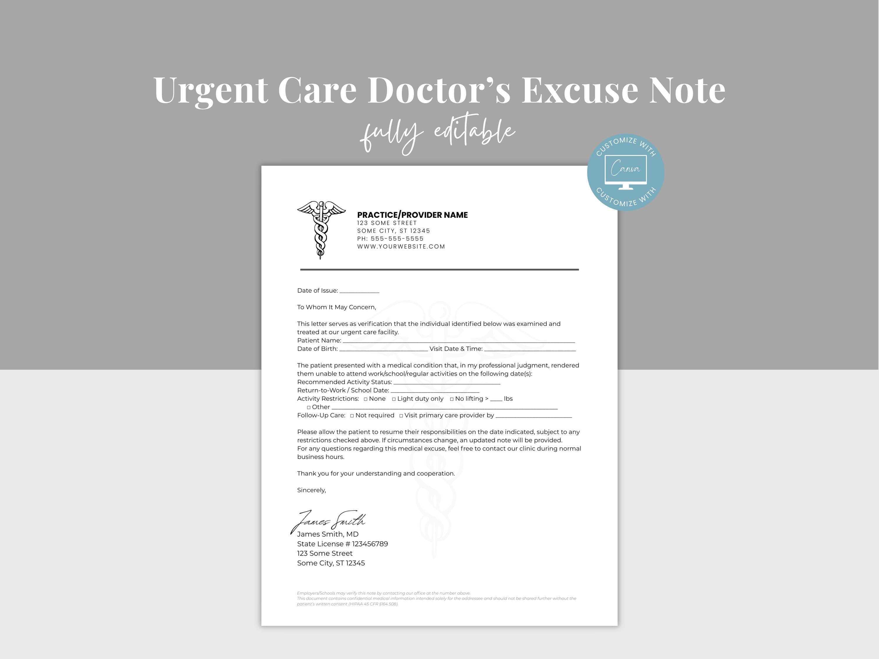 CLINIC NOTE　235、238、240、241　4冊 Urgent Care Doctor's Excuse Note Template, Editable Dr Note for