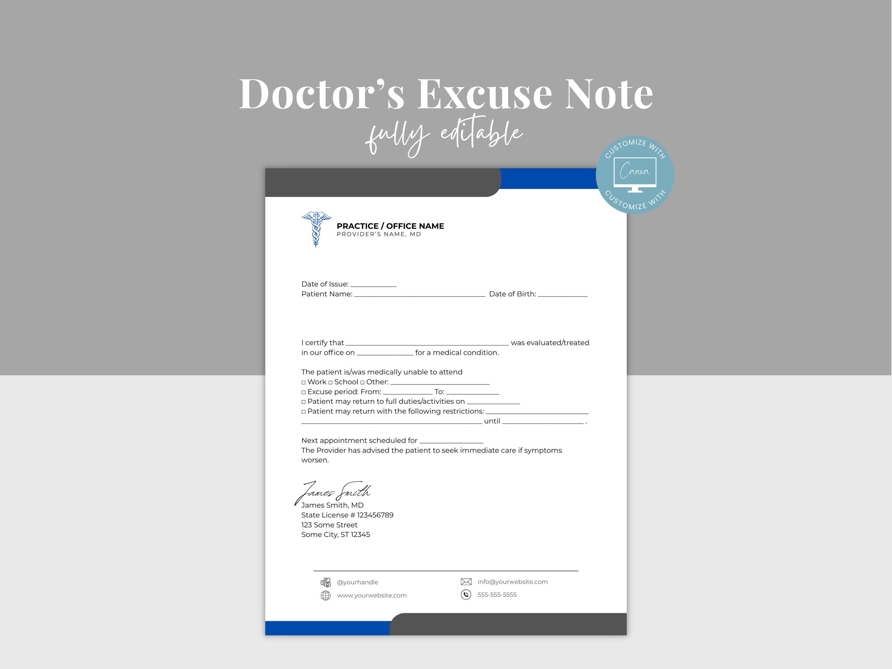 Doctor's Excuse Note Template, Editable Dr Note for Work & School ...