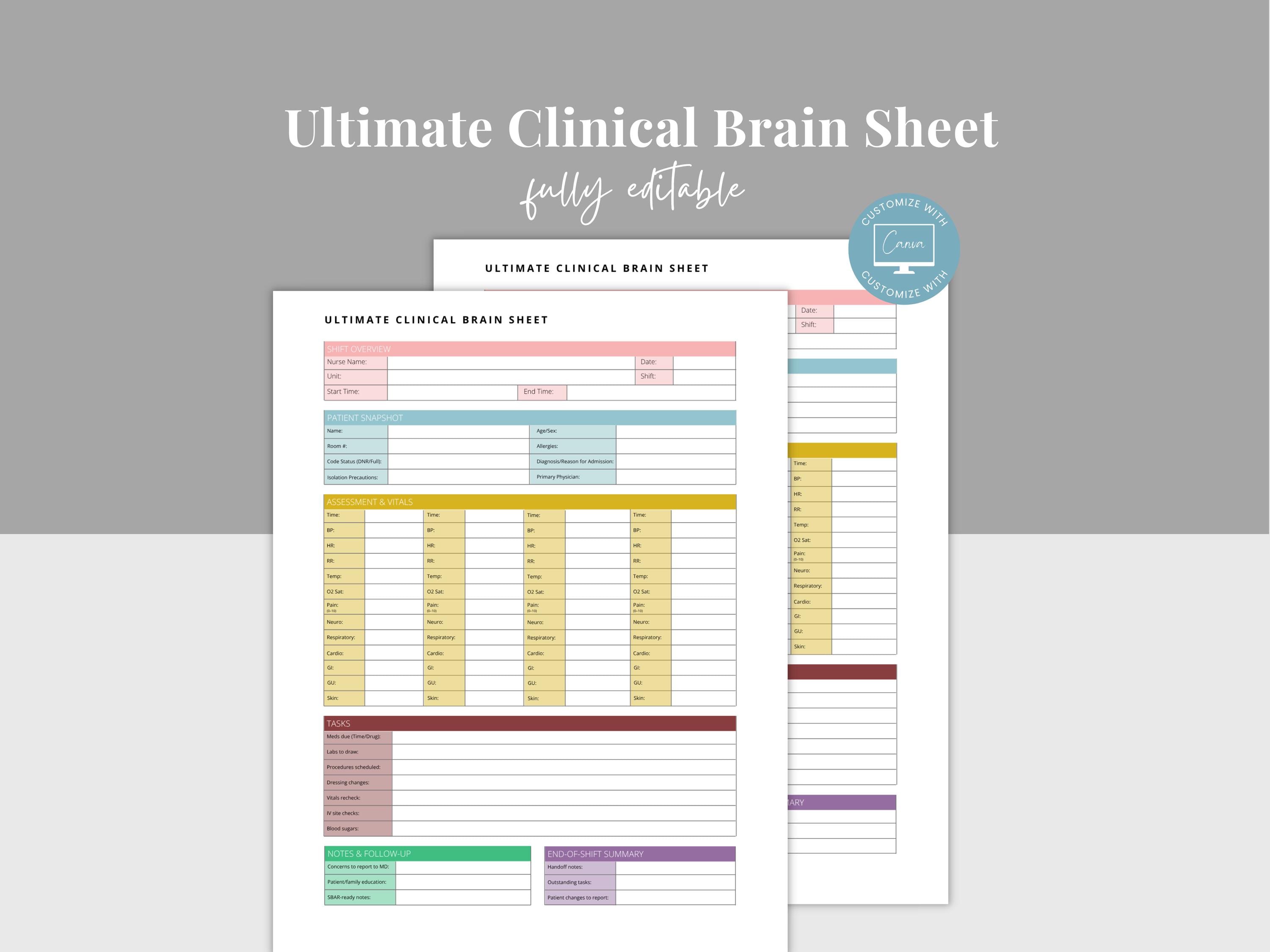 Editable Nurse Brain Sheet Template | Nurses Clinical Report Sheet ...