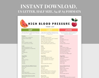 Lista de alimentos para la hipertensión (imprimible), tabla nutricional (PDF, A4, A5, tamaño carta, tamaño medio), guía de dieta cardiosaludable, lista de alimentos de la dieta DASH