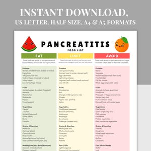 Lista de alimentos para dieta de pancreatite para impressão, tabela de refeições para pancreatite, lista de compras, PDF, A4, A5, carta dos EUA, tamanho médio, guia de refeições com baixo teor de gordura