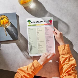 以下が含まれることがあります： ブロッコリーとイチゴのグラフィックが入った「更年期ダイエット」の食品リスト。オレンジ色のシャツを着た人が書類を持っています。青いノートとオレンジ風味の水が入ったグラスも写っています。