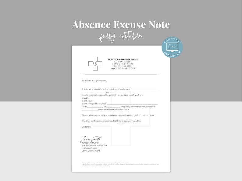 Doctor's Excuse Note Template, Editable Dr Note for Work & School ...