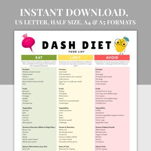 DASH Diet Food List Printable, Nutrition Chart PDF,A4, A5, US Letter, Heart Health & Blood Pressure Diet Guide,Hypertension-Friendly Food