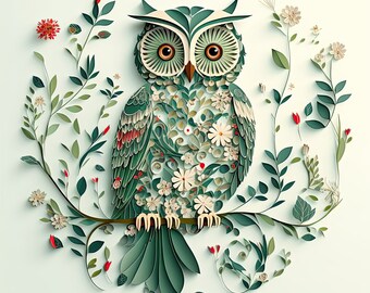 Puede incluir: Un búho de papel verde con flores blancas y rojas, hojas y enredaderas. El búho está hecho de papel y es una escultura en 3D.