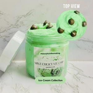 May include: A jar of mint chocolate chip handmade slime from the Ice-Cream Collection. The slime is light green with dark brown chocolate chips on top. The jar has a white lid and a label with the text "Philosophyinthemaking" and "MINT CHOCOLATE CHIP".