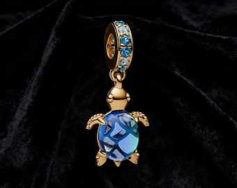 Blue Murano Glass Sea Turtle Dangle Charm Gold Pendant Fit Pandora With Gift Pouch & Gift Box