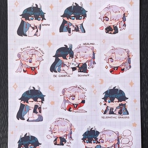 May include: A set of 10 stickers featuring cartoon characters with different expressions and speech bubbles. The characters are a mix of blue and white with black outlines. The speech bubbles include phrases like "3 hours of sleep", "Healing...", "Be careful", "Sowwy...", "Sip", "Back pain", "Hum??", "Telepathic bracers", "Listening", and "Yapping".