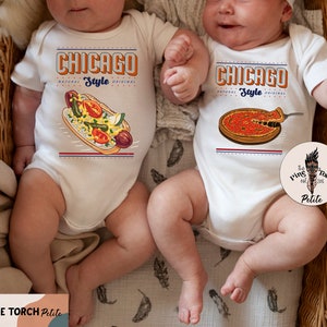 Matching twin Chicago shirts, twin Chicago tees, matching pizza and hot dog tees, funny twin shirts, matching Chicago style deep shirts
