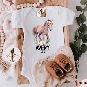 Personalized horse bodysuit, custom floral horse baby shower gift, horse baby, horse shirt, horse pregnancy announcement