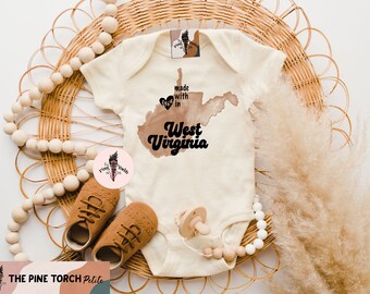 West Virginia baby bodysuit, made in West Virginia, West Virginia baby gift, West Virginia baby shirt, Made with love in West Virginia, WV