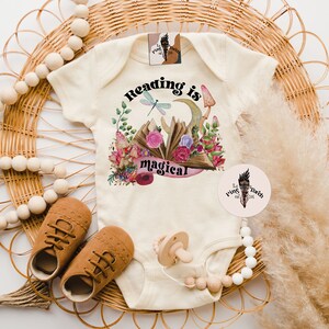 Reading is magical bodysuit, witchy book crystals mushrooms baby shower gift, witchy book kids shirt, mystical book baby gift, book baby tee