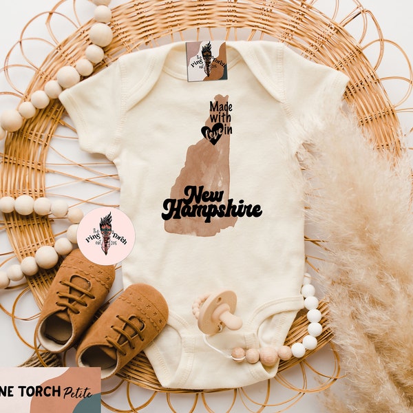 New Hampshire baby bodysuit, made in New Hampshire, New Hampshire baby gift, New Hampshire baby shirt, Made with love in New Hampshire