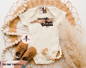 North Carolina baby bodysuit, made in North Carolina, North Carolina baby gift, North Carolinak baby shirt, Made with love in North Carolina