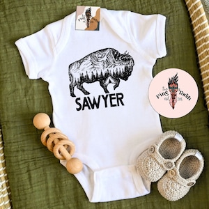 Custom Bison bodysuit, personalized name bison baby shower gift, custom hunting wild bison baby, bison pregnancy announcement