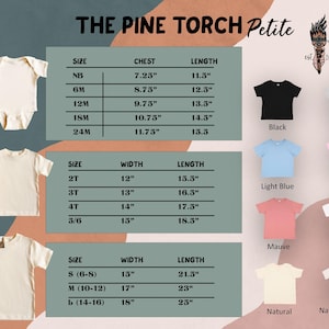 Puede incluir: Imagen de un cuadro de tallas para ropa infantil, incluyendo camisetas y bodies. Se proporcionan medidas de pecho, ancho y largo en pulgadas. El cuadro tambi&eacute;n muestra varios colores de camisetas, como negro, rosa y azul claro. La marca es "THE PINE TORCH Petite".
