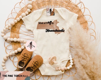 Massachusetts baby bodysuit, made in Massachusetts, Massachusetts baby gift, Massachusetts baby shirt, Made with love in Massachusetts, Mass