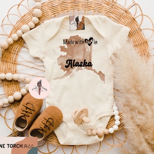 Alaska baby bodysuit, made in Alaska, Alaska baby gift, Alaska baby shirt, Made with love in Alaska, Alaska state shirt, state baby