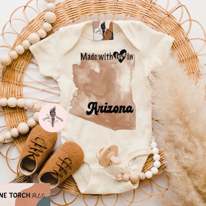 Arizona baby bodysuit, made in Arizona, Arizona baby gift, Arizona baby shirt, Made with love in Arizona, Arizona state shirt, state baby