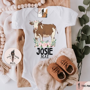 Personalized cow bodysuit, cow floral custom baby shower gift, cow baby, cow shirt, cow pregnancy announcement