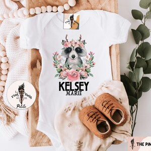 Personalized raccoon bodysuit, floral raccoon custom baby shower gift, raccoon baby, raccoon shirt, raccoon pregnancy announcement