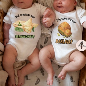 Greek twin baby bodysuits, Spanakopita baklava Greek Bodysuits, matching twin greek Bodysuit, matching twin foodie shirts