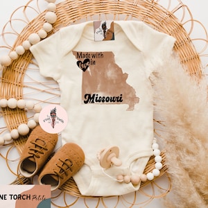 Missouri baby bodysuit, made in Mississippi, Missouri baby gift, Missouri baby shirt, Made with love in Missouri, Missouri baby shirt