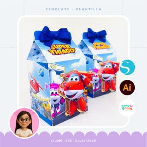 May include: Two Super Wings themed gift boxes with blue bows. The boxes feature cartoon characters and the text "SUPER THIAGO". The boxes are decorated with images of airplanes and characters.