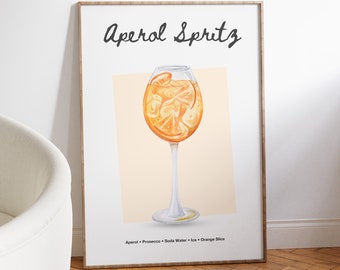 Aperol Spritz Cocktail Print | Kitchen Bar Drinks Poster | Boho & Eclectic Neutral Orange Home Decor | A1,A2,A3,A4,A5