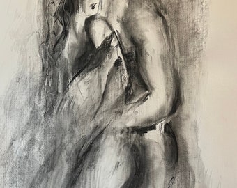 Original Drawing Large 27.5x39 inches  Romantic Art Painting Man And Woman Art Lovers Art Abstract Woman Sketch Large Charcoal Art Large