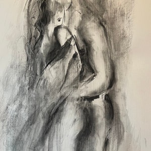 Original Drawing Large 27.5x39 inches  Romantic Art Painting Man And Woman Art Lovers Art Abstract Woman Sketch Large Charcoal Art Large