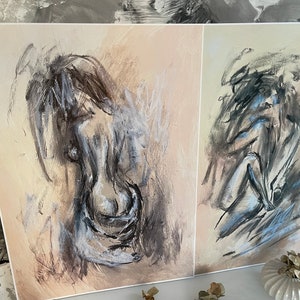 Set 2 Paintings, Fine Art Prints, Lovers, Pastel, Original, Embrace, Couple, Female, Male, Art, Charcoal Drawing, Handmade by Reine Delavie