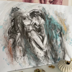 Original Drawing Large 28 &quot; Romantic Art Painting Man And Woman Art Lovers Art Abstract Woman Sketch Large Charcoal Art Large