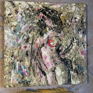 Original Painting on Canvas Portrait Girl Romantic Female Art Woman Sensual Gold Green Blue Pink Gray Colors Decor by Reine Delavie
