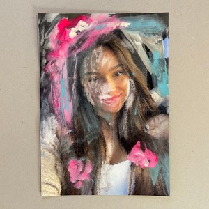 Oryginal Art Painting Portrait Women Girl Art Sensual Pink, Beige, Grey, Blue  Colors Print Handmade by Reine Delavie