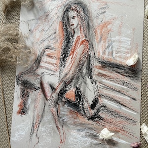 Girl Romantic Art Pastel Drawing Painting Female Art Large Art Print Handmade by Reine Delavie
