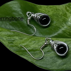 black earrings, herringbone earrings, silver earrings, handmade earrings, wire wrap earrings