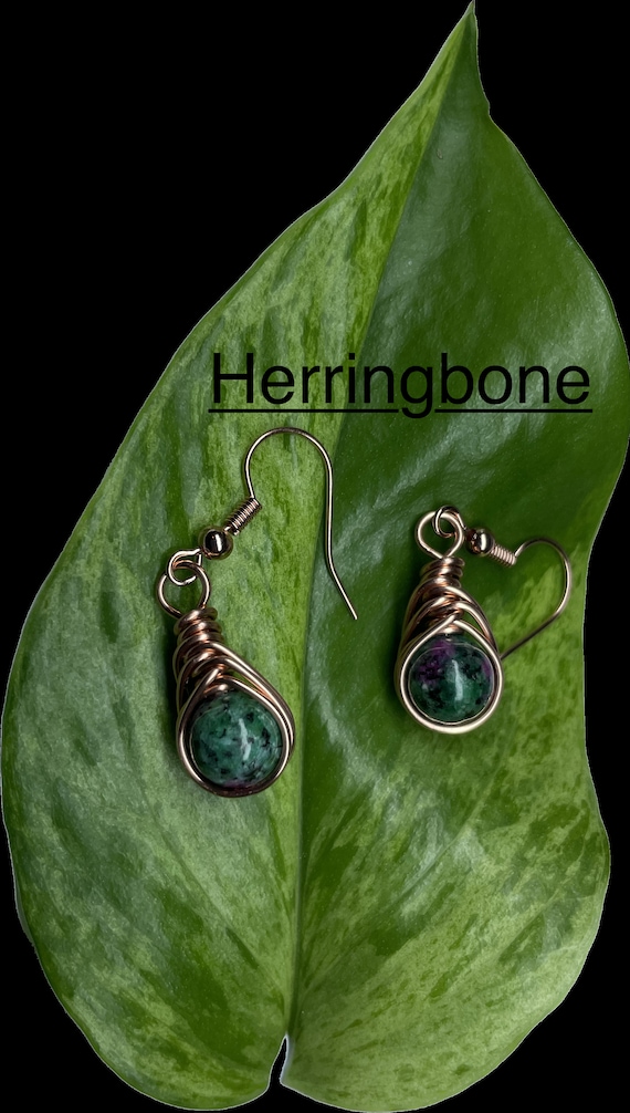 Jasper Green Earrings, Herringbone Earrings, Wire Wrapped Jasper Green Earrings, Herringbone Earrings, Wire Wrapped