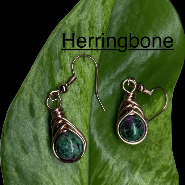 jasper green earrings, herringbone earrings, wire wrapped earrings, copper earrings, handmade earrings