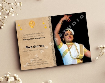 Pode incluir: Um cartão de convite bege com detalhes dourados anunciando uma apresentação de Mohiniyattam Arangetram de Rhea Sharma, discípula de Guru Soumya Krishnamurthy. O evento terá lugar no Theatre for the Performing Arts em 12 de fevereiro de 1999 às 10:00 AM. O cartão inclui uma foto de uma mulher com um traje branco e dourado realizando uma dança tradicional indiana.
