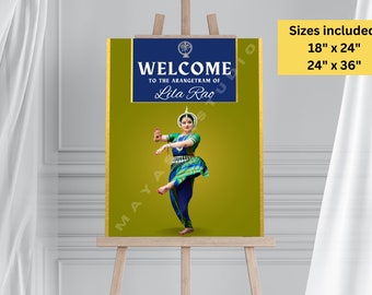 Pode incluir: Um cartaz de boas-vindas para um arangetram, uma apresentação tradicional de dança indiana, com uma bailarina em um traje colorido em um fundo dourado. O cartaz diz "Bem-vindo ao arangetram de Lila Rao" e inclui os tamanhos 18" x 24" e 24" x 36".