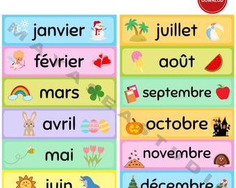 Pode incluir: Um gráfico educativo colorido intitulado French Months of the Year, apresentando doze blocos retangulares. Cada bloco exibe o nome de um mês em francês ao lado de uma ilustração sazonal correspondente, como um boneco de neve, corações, arco-íris, coelho, flores, sol, itens de praia, melancia, maçã, abóbora, peru e árvore de Natal.