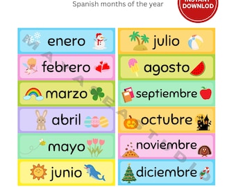 Meses espanhóis do ano para impressão | As Mesas do Ano | Currículo Montessori do ensino doméstico | Cartões de calendário | Calendário gráfico de bolso