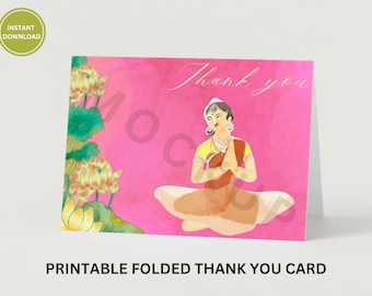 Pode incluir: Cartão de agradecimento dobrado imprimível com fundo rosa e ilustração de uma mulher em trajes tradicionais indianos. O cartão apresenta as palavras "Thank you" em escrita elegante e flores de lótus.