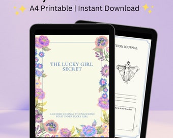 Pode incluir: Dois tablets digitais exibindo um "Lucky Girl Guided Journal". O primeiro tablet mostra o título "The Lucky Girl Secret" rodeado por ilustrações florais. O segundo tablet mostra uma página de diário com um desenho de uma mulher.