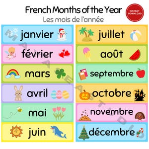 May include: An educational chart titled French Months of the Year and Les mois de l'année, featuring twelve colorful rectangular sections. Each section displays a month name in French alongside a corresponding seasonal illustration like a snowman, hearts, rainbow, bunny, flowers, sun, beach, watermelon, apple, pumpkin, turkey, and Christmas tree.