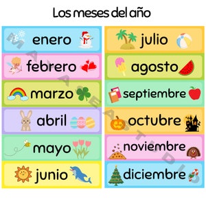 May include: A colorful educational chart titled "Los meses del año" in Spanish. Each month is represented by a rectangular label with the month's name and a related illustration, such as a snowman for January and a Christmas tree for December.