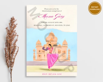 Pode incluir: Cartão de convite com uma ilustração de uma dançarina indiana em traje rosa em frente a um edifício. O cartão inclui o texto "Please join us for the bharatnatyam arangetram of Meena Garg" e detalhes do evento. Botão "Download instantâneo".