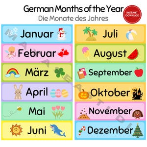 May include: An educational chart titled German Months of the Year and Die Monate des Jahres, featuring twelve colourful rectangular blocks. Each block displays a German month name in black text alongside a corresponding seasonal illustration.